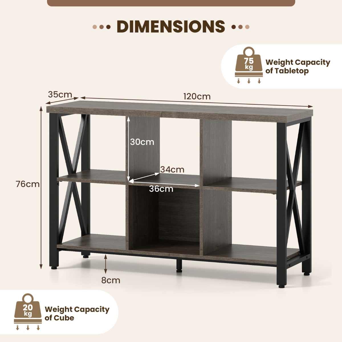 6-Cube Storage Organizer 120CM Wide Bookshelf with Open Compartments-Grey