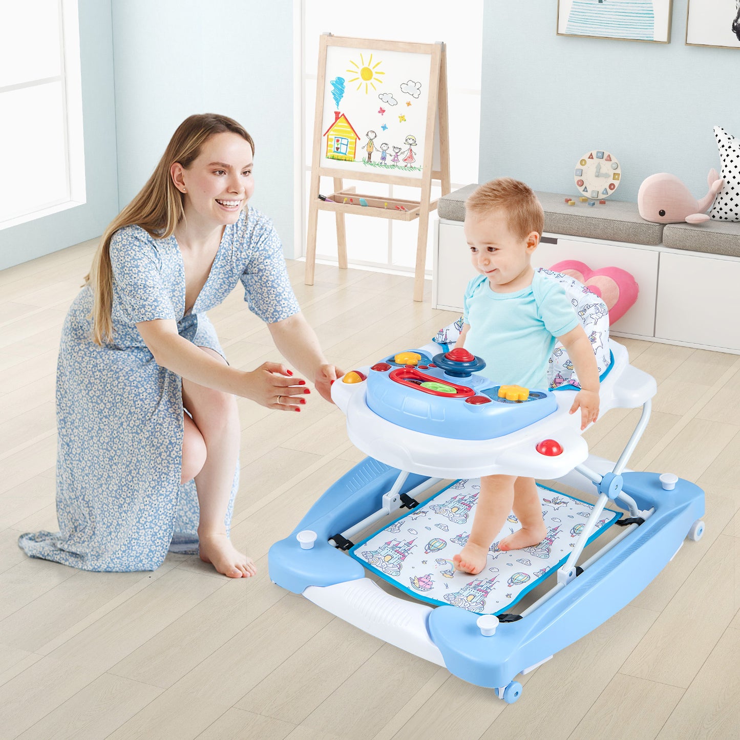 6 in 1 Adjustable Baby Walker Folding Baby Activity Center with Music Lights-Blue
