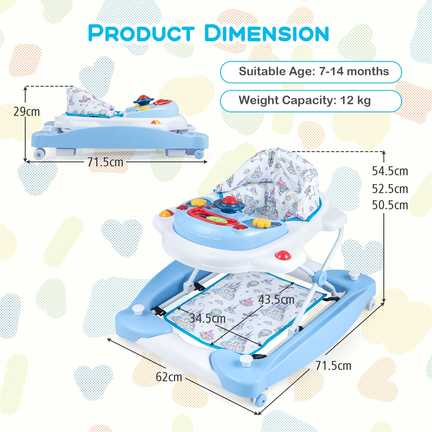6 in 1 Adjustable Baby Walker Folding Baby Activity Center with Music Lights-Blue