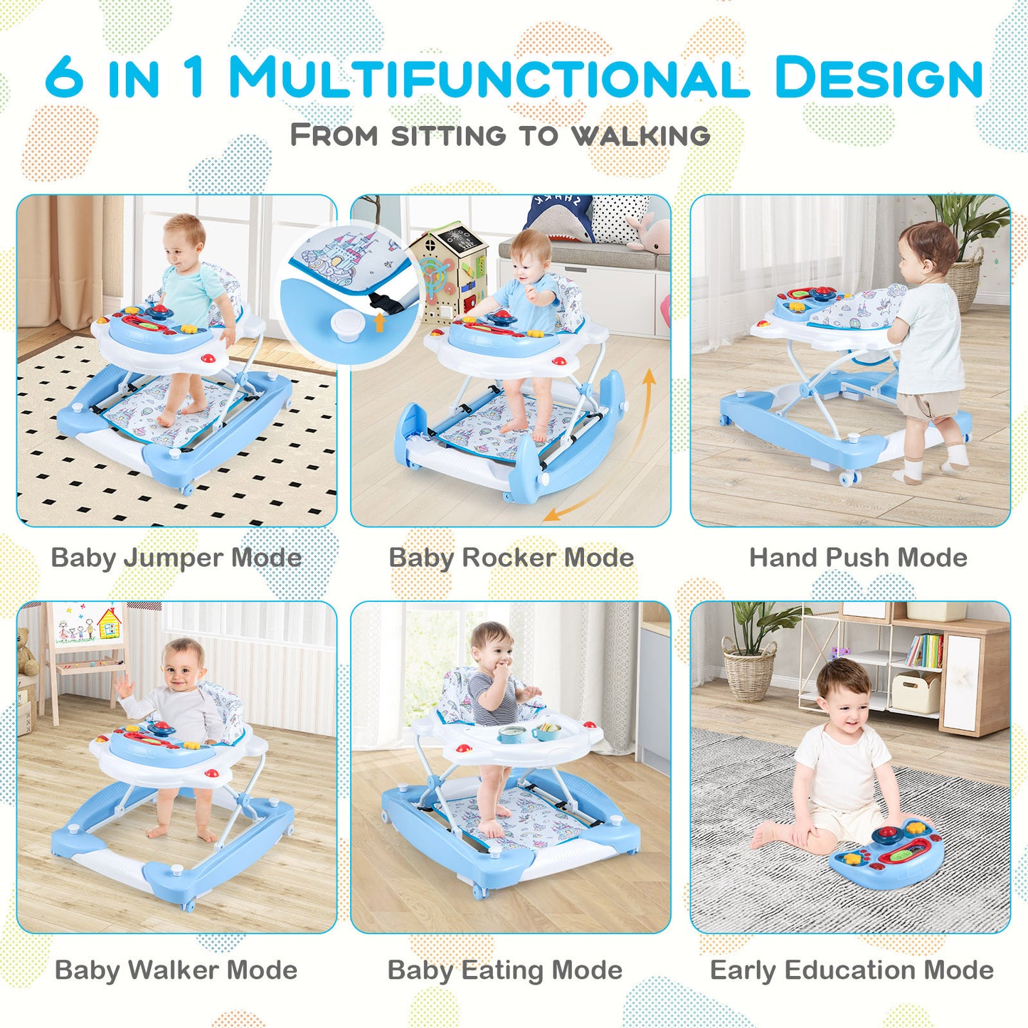 6 in 1 Adjustable Baby Walker Folding Baby Activity Center with Music Lights-Blue