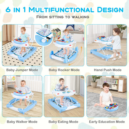 6 in 1 Adjustable Baby Walker Folding Baby Activity Center with Music Lights-Blue