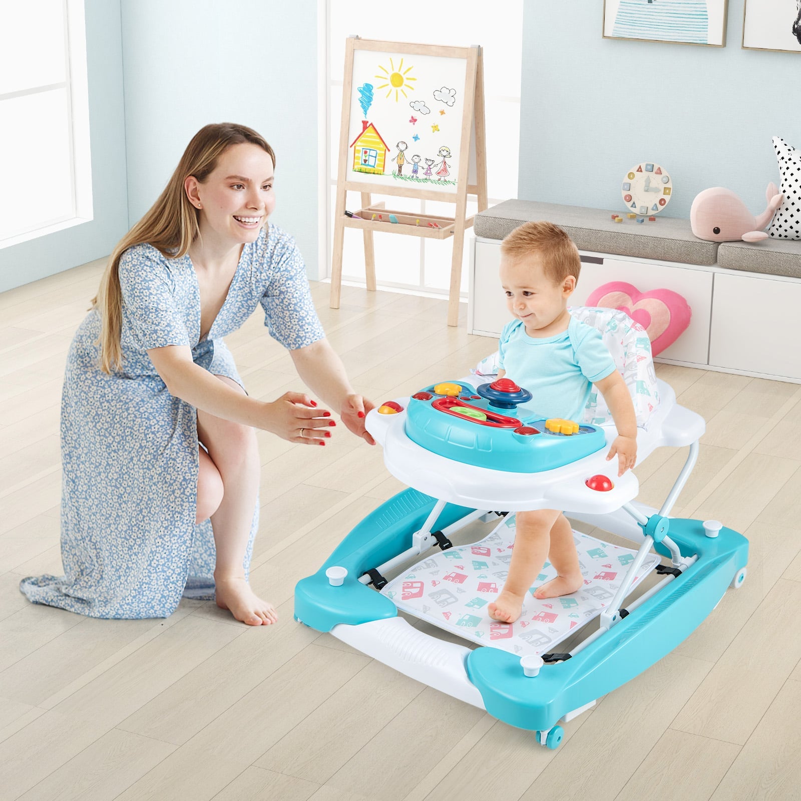 6 in 1 Adjustable Baby Walker Folding Baby Activity Center with Music Lights-Green