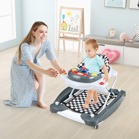 6 in 1 Adjustable Baby Walker Folding Baby Activity Center with Music Lights-Grey