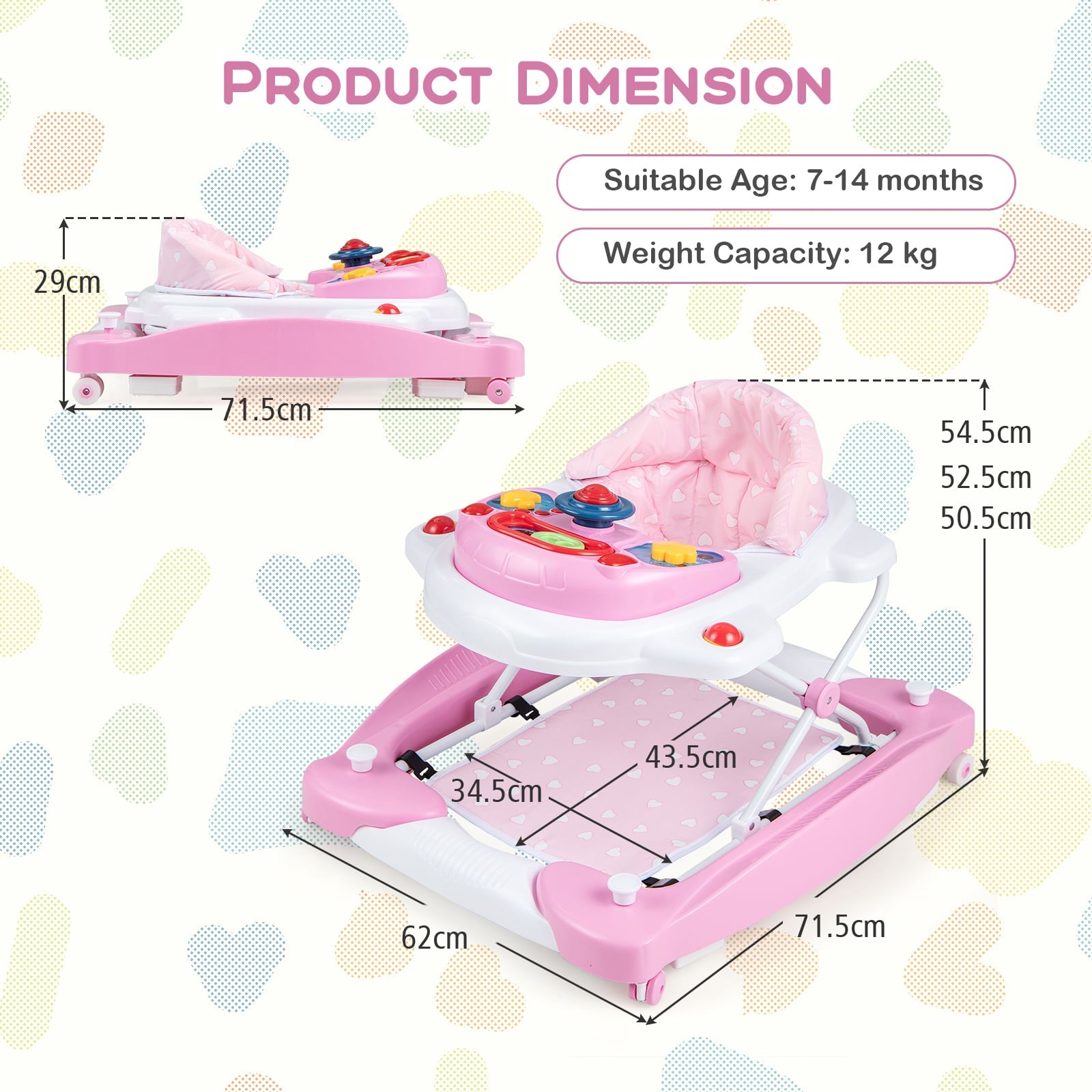 6 in 1 Adjustable Baby Walker Folding Baby Activity Center with Music Lights-Pink