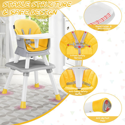 6-in-1 Baby High Chair with 5-Point Harness and Removable Tray-Yellow