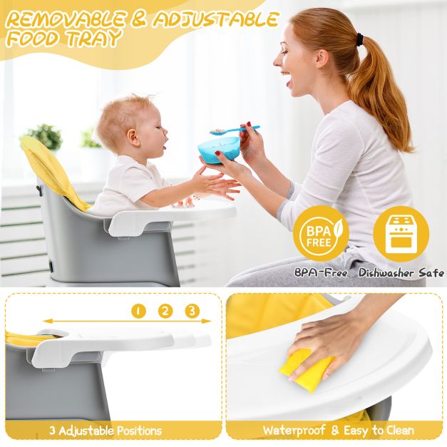 6-in-1 Baby High Chair with 5-Point Harness and Removable Tray-Yellow