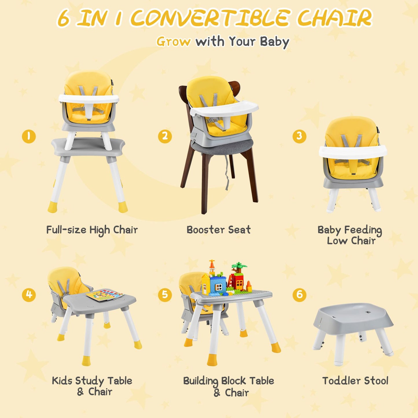 6-in-1 Baby High Chair with 5-Point Harness and Removable Tray-Yellow