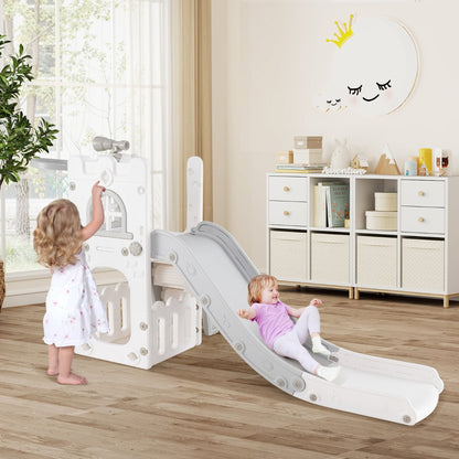 6 in 1 L-shaped Toddle Slide with Basketball Hoop and Telescope-Grey