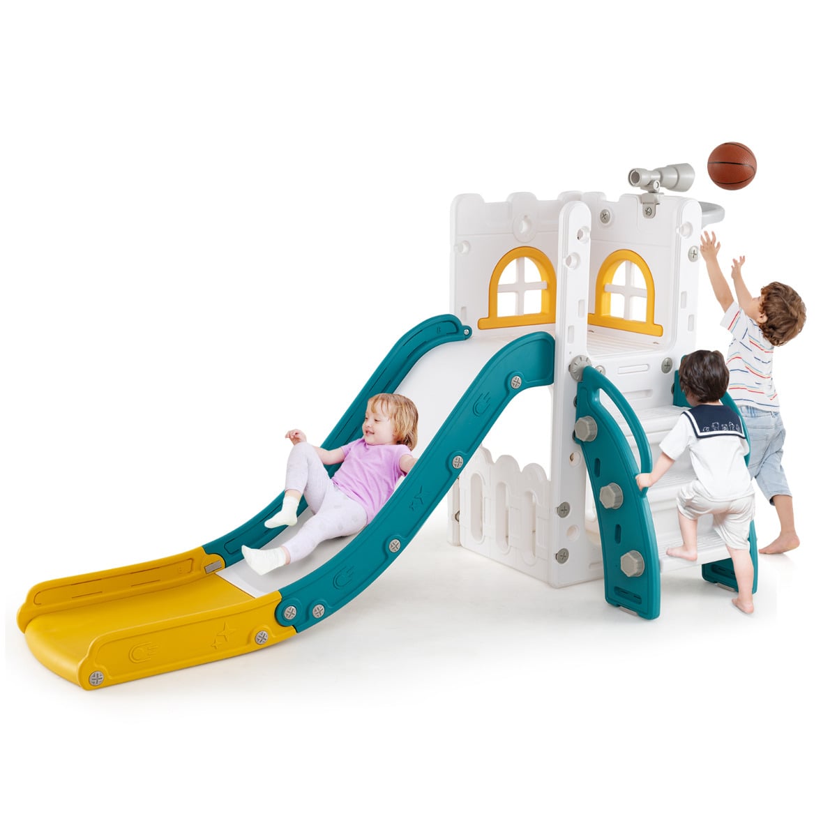 6 in 1 L-shaped Toddle Slide with Basketball Hoop and Telescope-Yellow