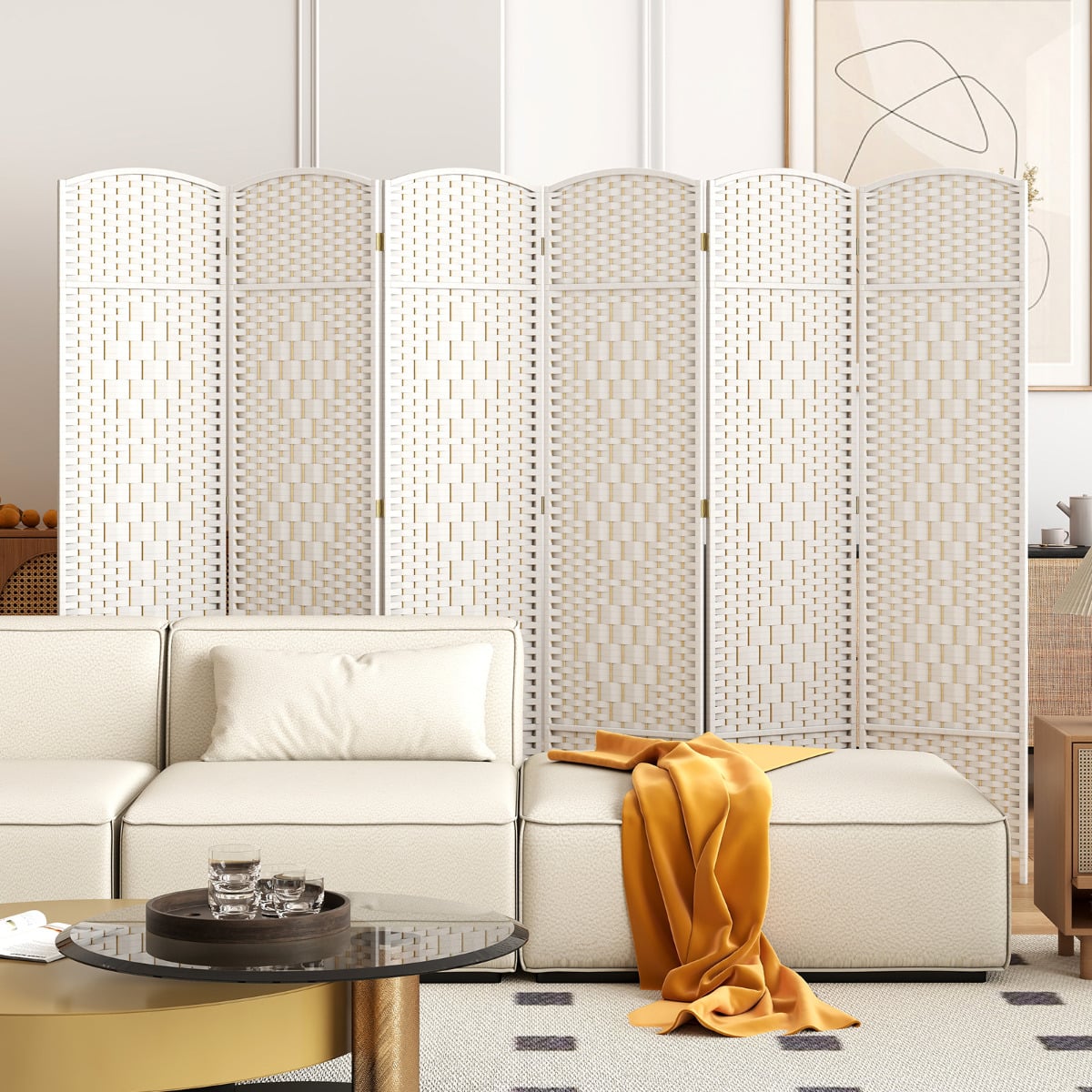6 Panel Folding Room Divider with Hand-Woven Wicker for Home Office-White