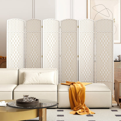 6 Panel Folding Room Divider with Hand-Woven Wicker for Home Office-White