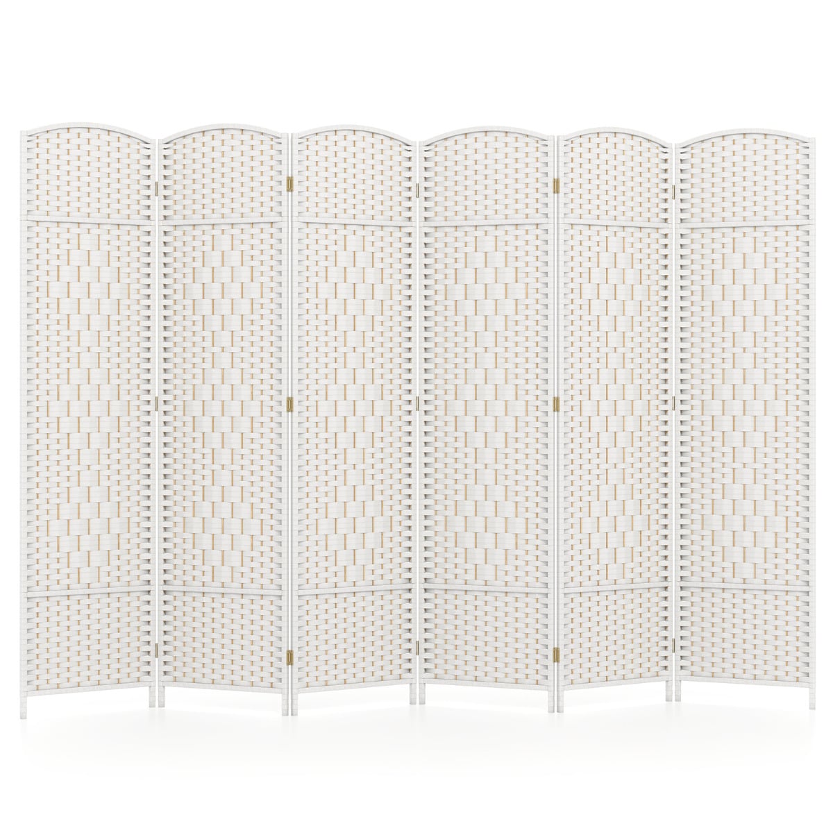 6 Panel Folding Room Divider with Hand-Woven Wicker for Home Office-White