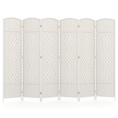 6 Panel Folding Room Divider with Hand-Woven Wicker for Home Office-White