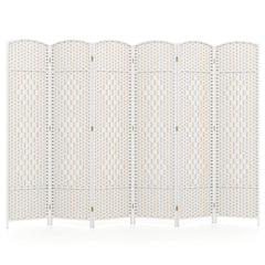 6 Panel Folding Room Divider with Hand-Woven Wicker for Home Office-White