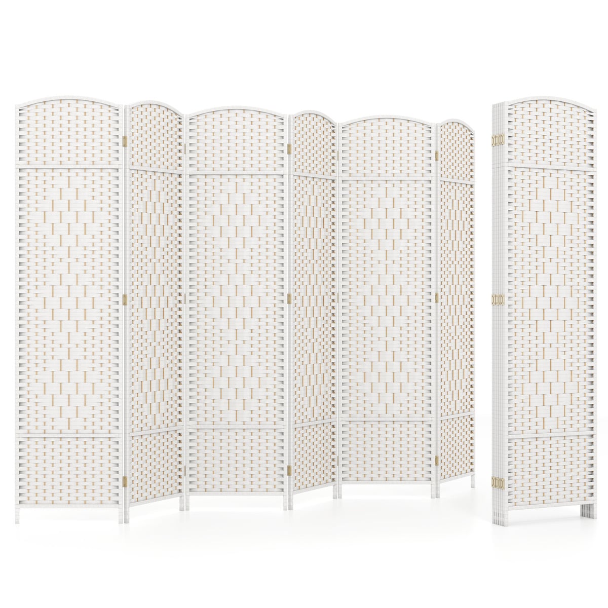6 Panel Folding Room Divider with Hand-Woven Wicker for Home Office-White