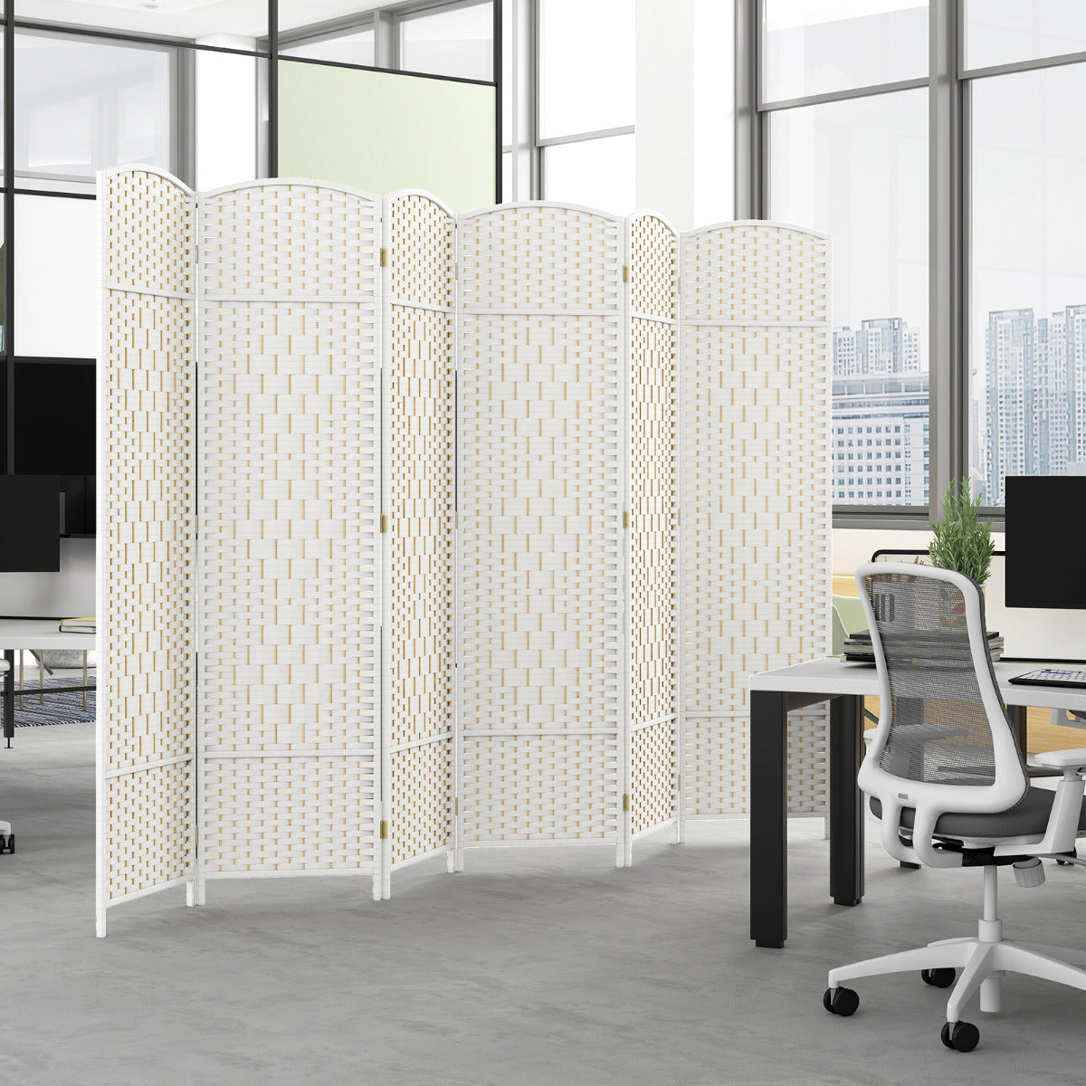 6 Panel Folding Room Divider with Hand-Woven Wicker for Home Office-White