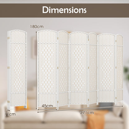 6 Panel Folding Room Divider with Hand-Woven Wicker for Home Office-White