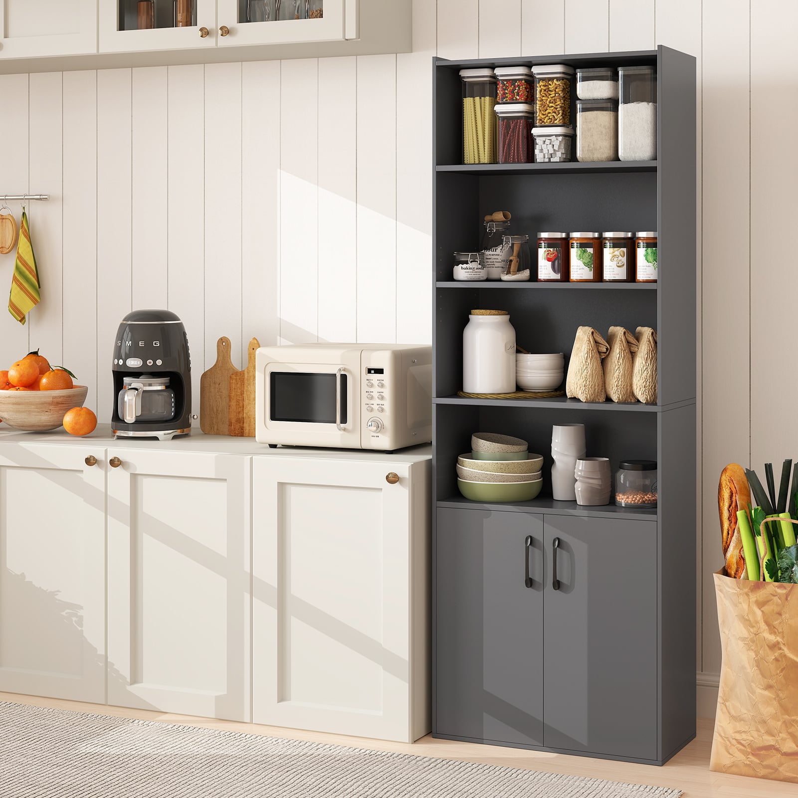 6-tier Modern Style Bookcase with Adjustable Shelves-Grey