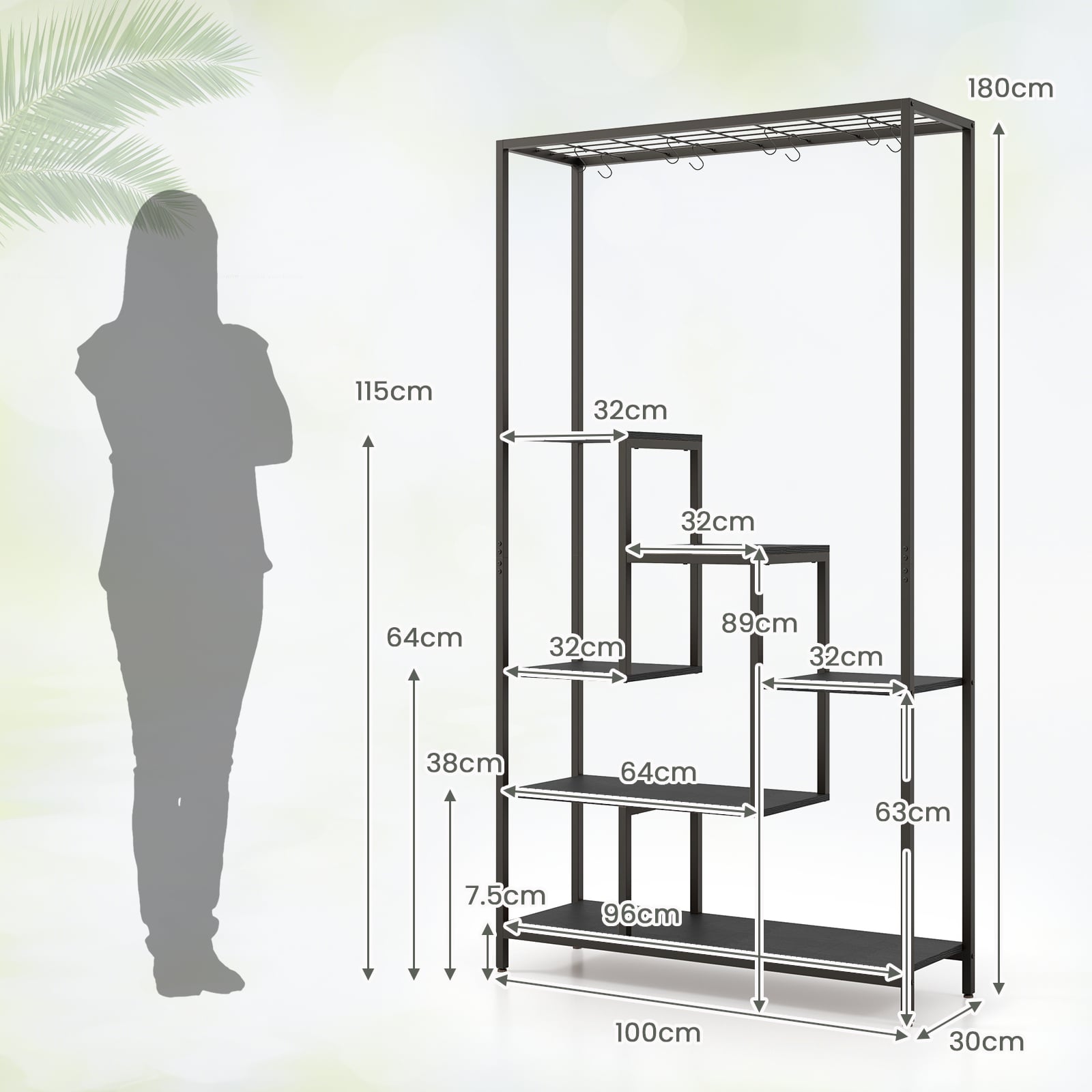 6-tier Tall Plant Stand with 10 Hanging Hooks and Wire Shelf for Multiple Plants-Black