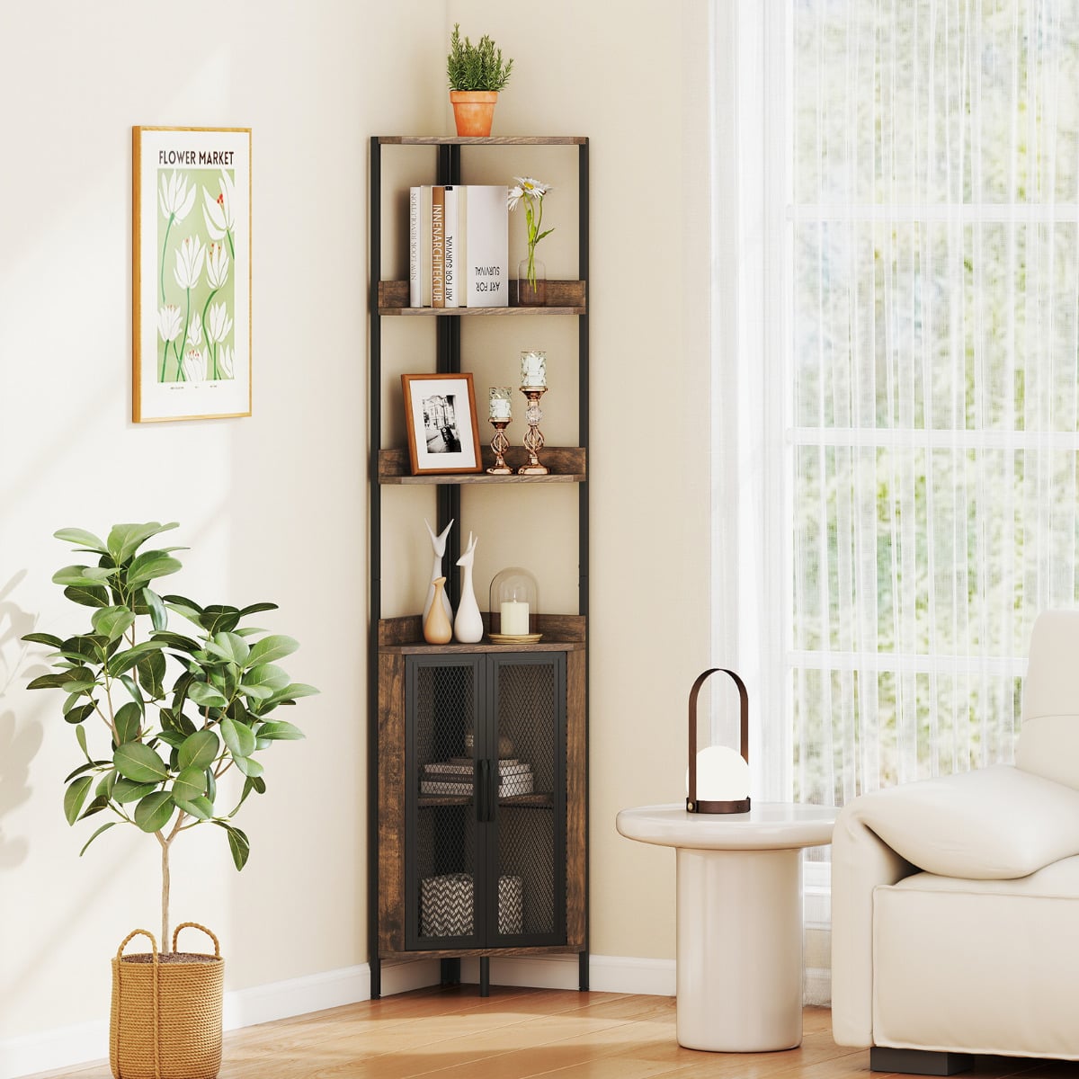 6-Tier Corner Shelf 170CM Tall Corner Bookshelf with Cabinet-Rustic Brown