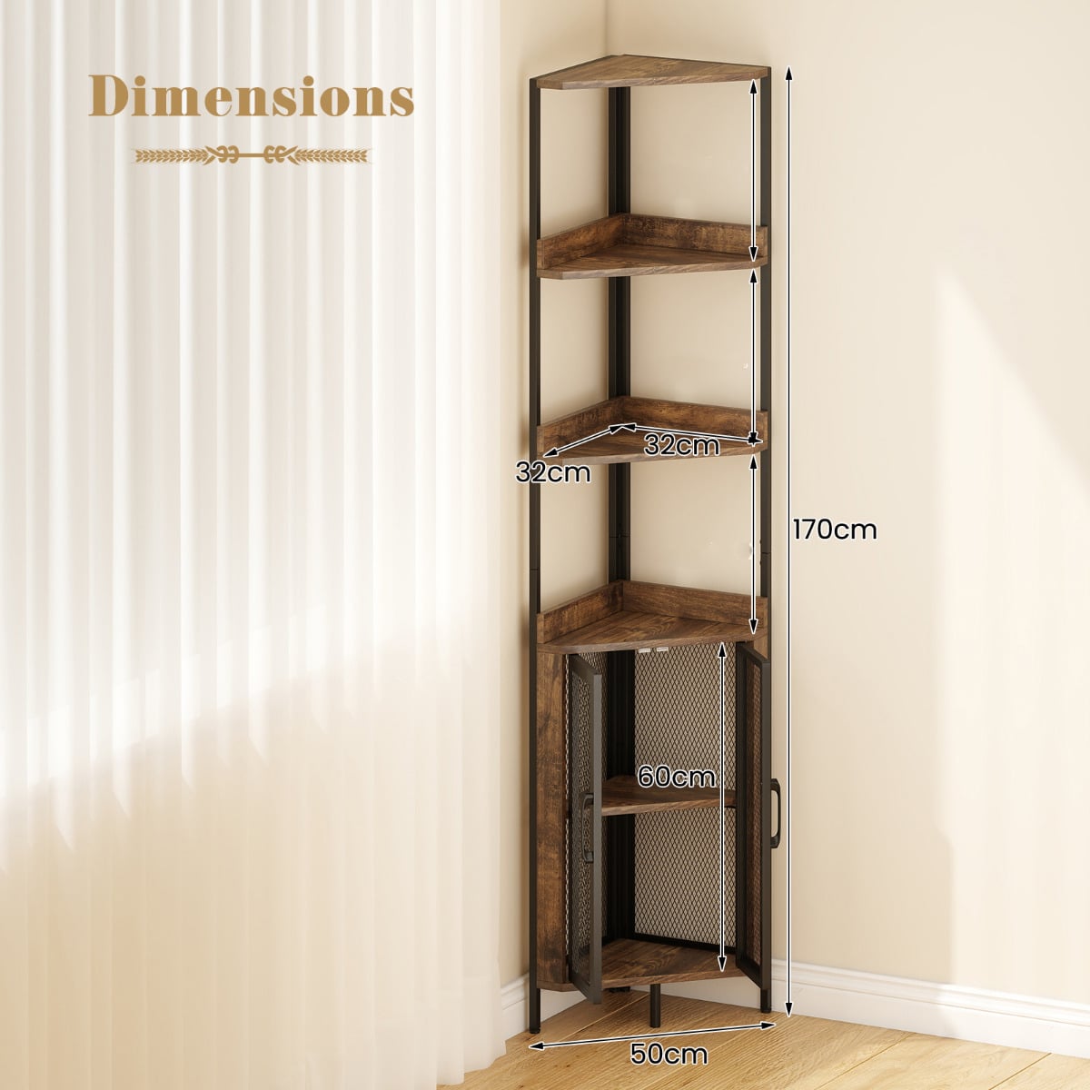 6-Tier Corner Shelf 170CM Tall Corner Bookshelf with Cabinet-Rustic Brown