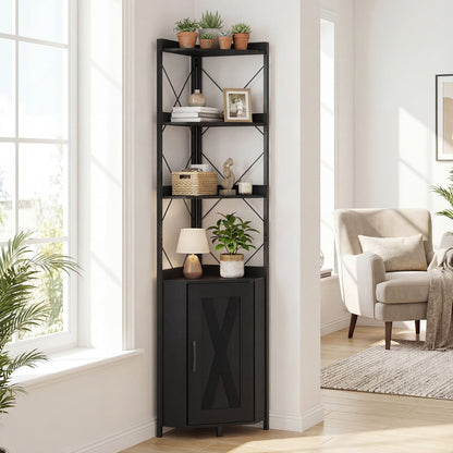 6-Tier Corner Storage Shelf with Door and Raised Edge Protection-Black