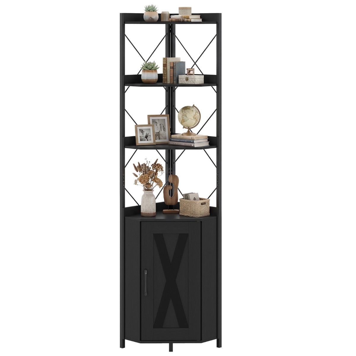 6-Tier Corner Storage Shelf with Door and Raised Edge Protection-Black