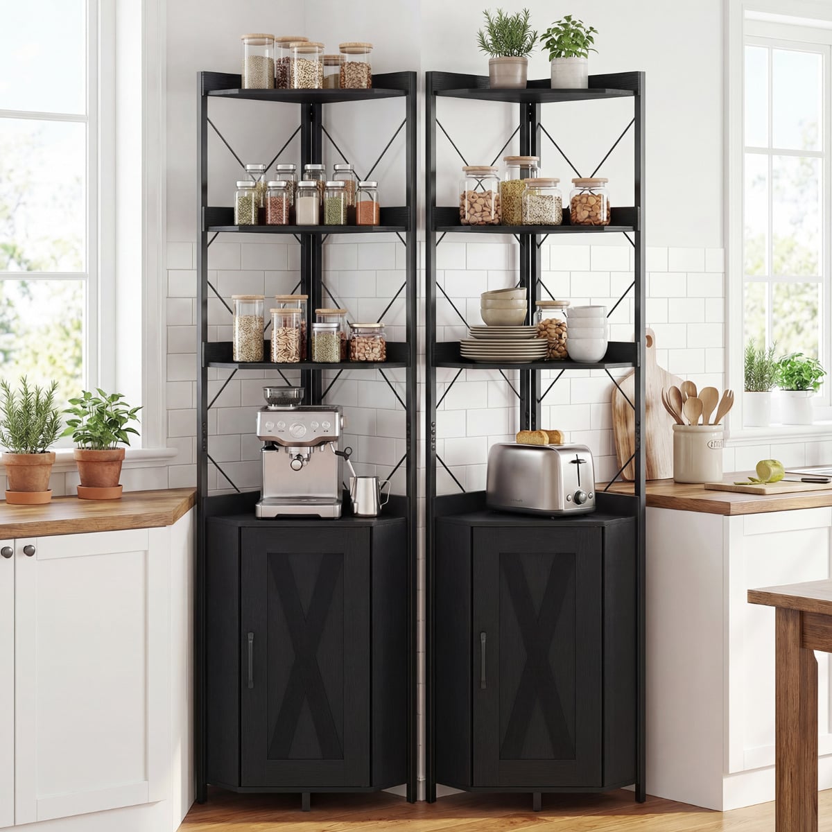 6-Tier Corner Storage Shelf with Door and Raised Edge Protection-Black