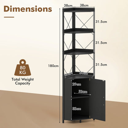 6-Tier Corner Storage Shelf with Door and Raised Edge Protection-Black