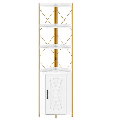 6-Tier Corner Storage Shelf with Door and Raised Edge Protection-White