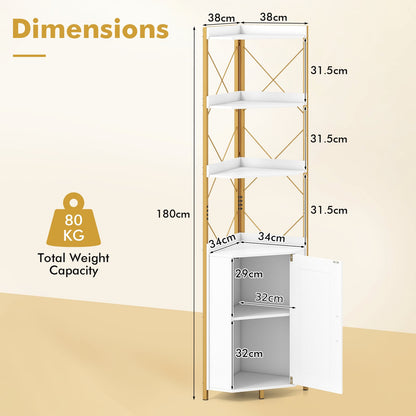 6-Tier Corner Storage Shelf with Door and Raised Edge Protection-White