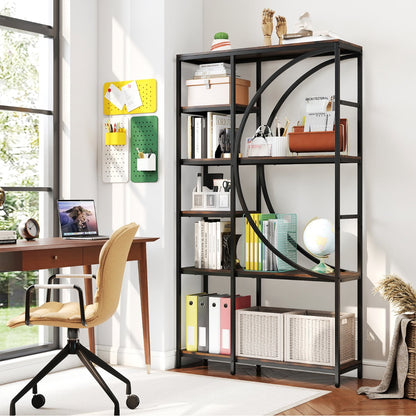 6-Tier Industrial Etagere Bookshelf with Open Storage Shelves and Arc-Shaped Design-Coffee