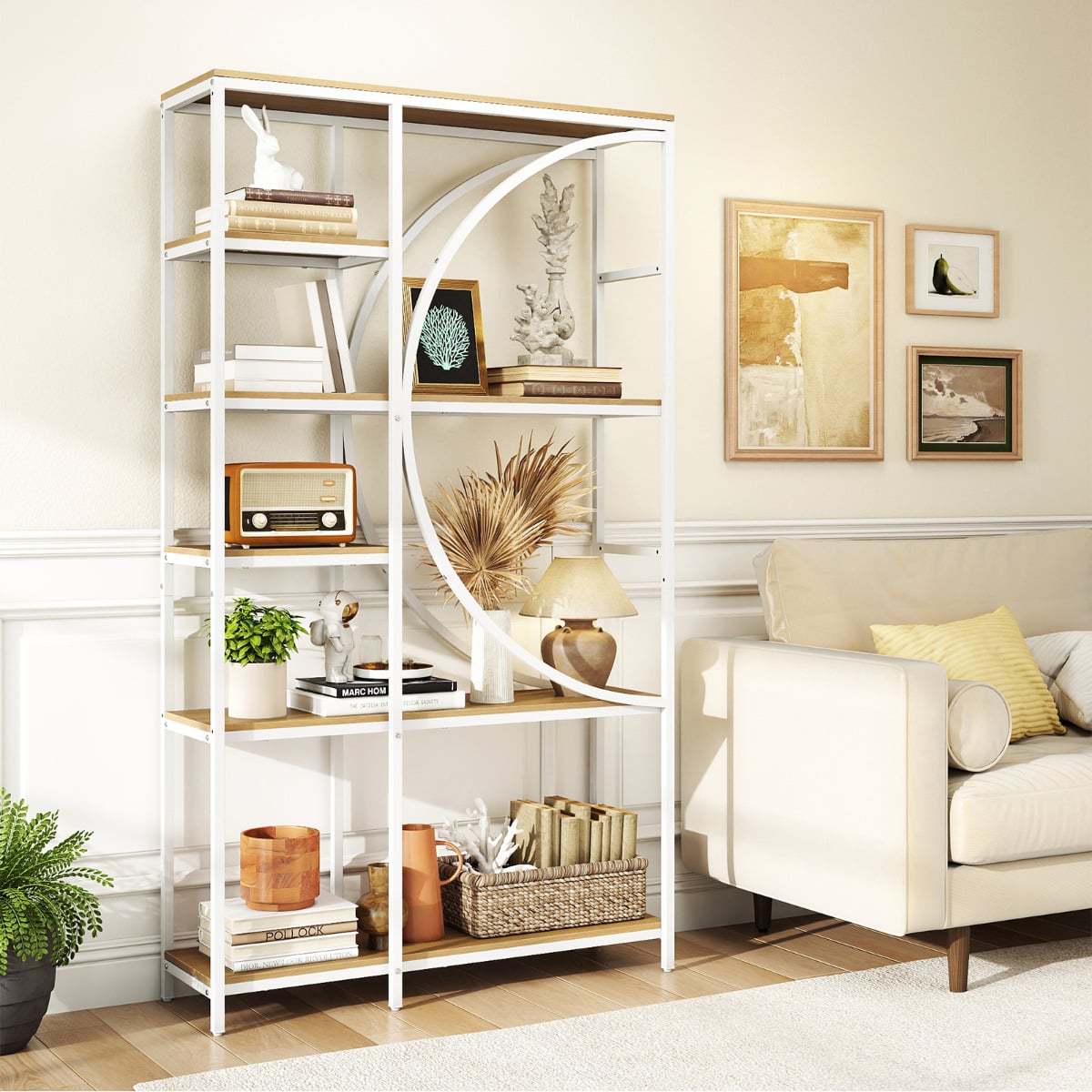 6-Tier Industrial Etagere Bookshelf with Open Storage Shelves and Arc-Shaped Design-Natural