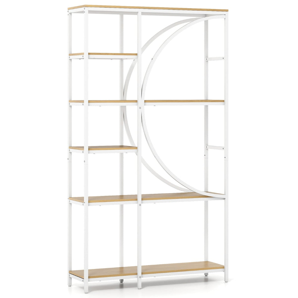6-Tier Industrial Etagere Bookshelf with Open Storage Shelves and Arc-Shaped Design-Natural