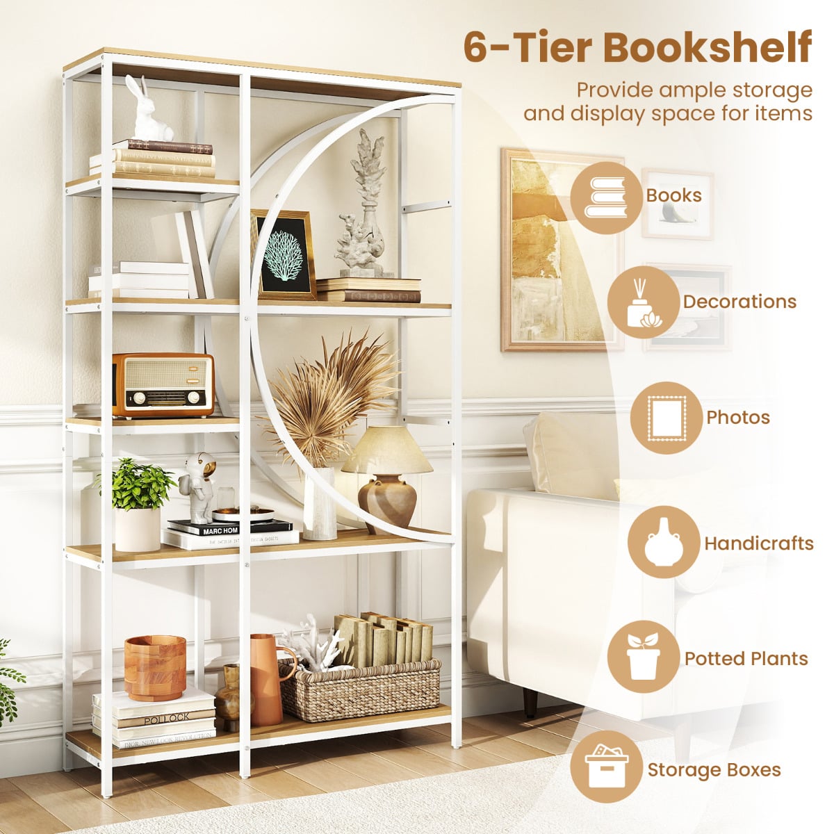 6-Tier Industrial Etagere Bookshelf with Open Storage Shelves and Arc-Shaped Design-Natural