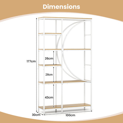 6-Tier Industrial Etagere Bookshelf with Open Storage Shelves and Arc-Shaped Design-Natural