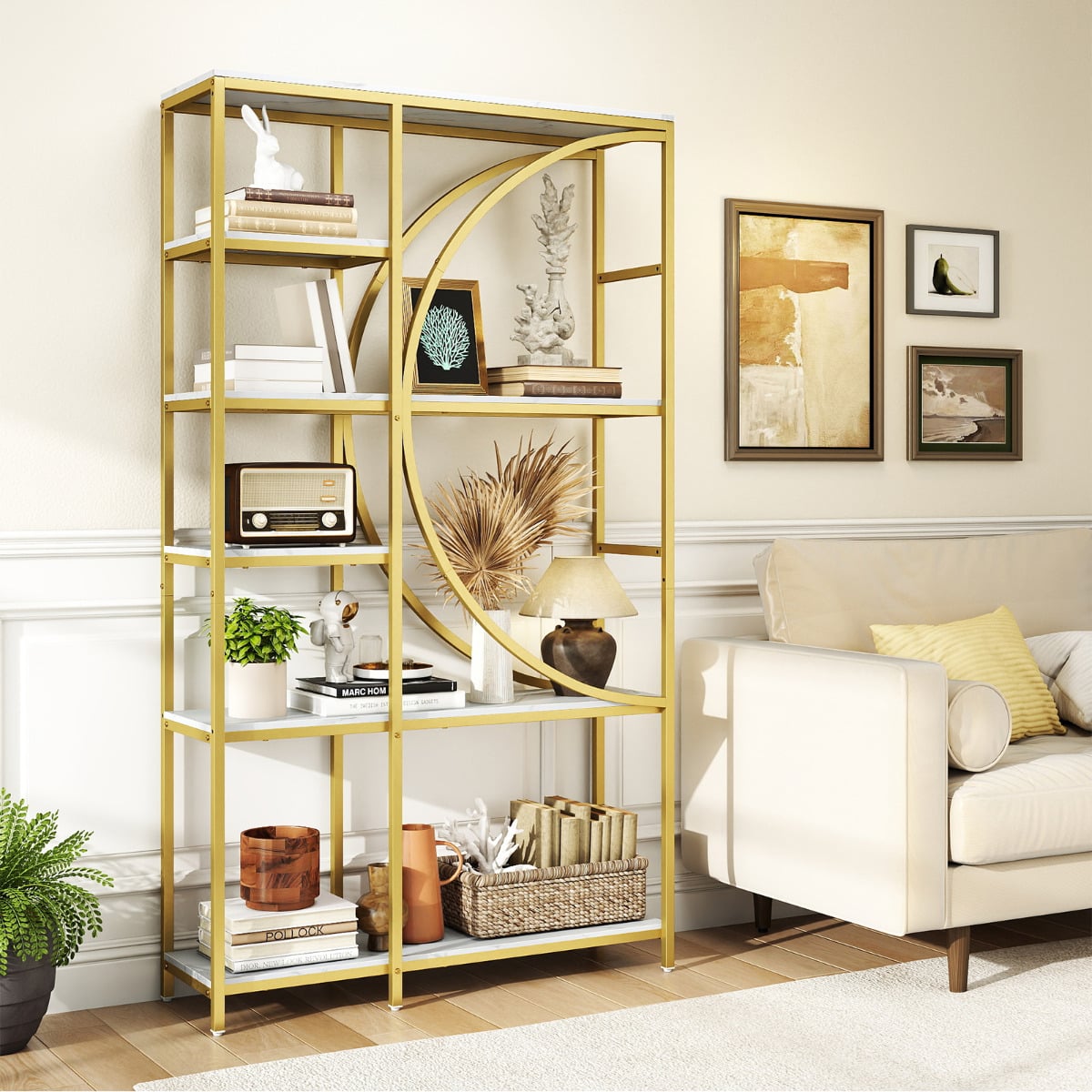6-Tier Industrial Etagere Bookshelf with Open Storage Shelves and Arc-Shaped Design-White