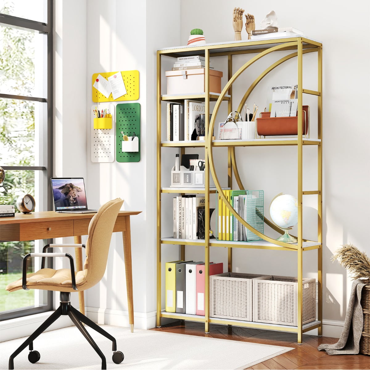 6-Tier Industrial Etagere Bookshelf with Open Storage Shelves and Arc-Shaped Design-White