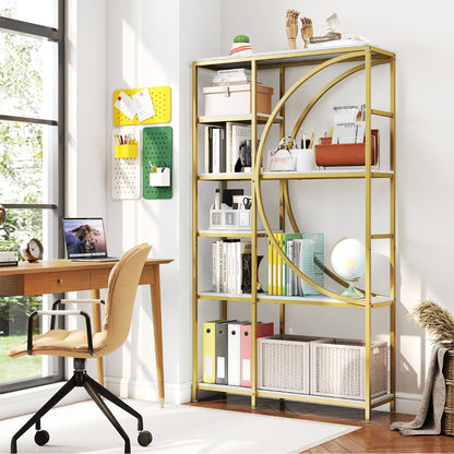 6-Tier Industrial Etagere Bookshelf with Open Storage Shelves and Arc-Shaped Design-White