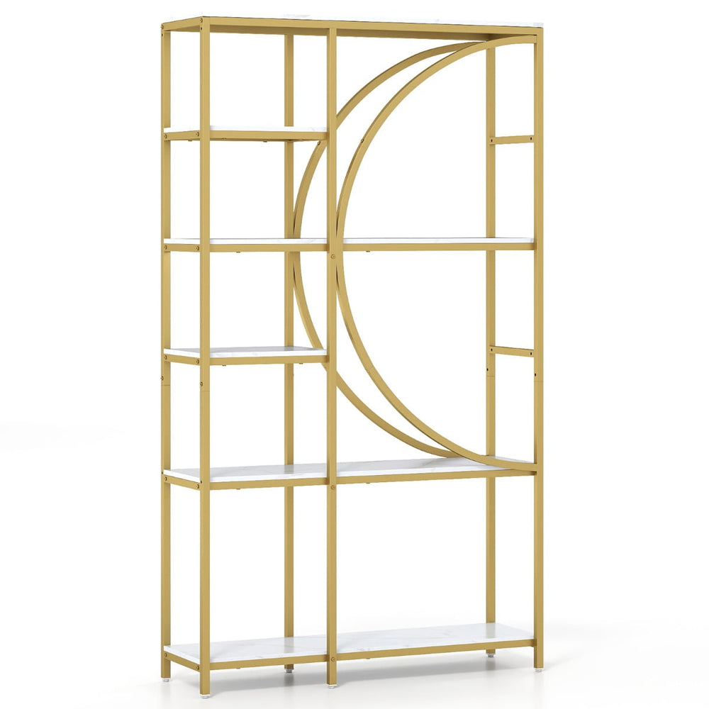 6-Tier Industrial Etagere Bookshelf with Open Storage Shelves and Arc-Shaped Design-White