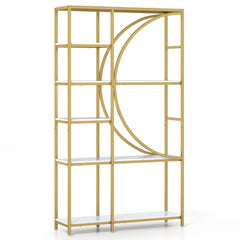 6-Tier Industrial Etagere Bookshelf with Open Storage Shelves and Arc-Shaped Design-White