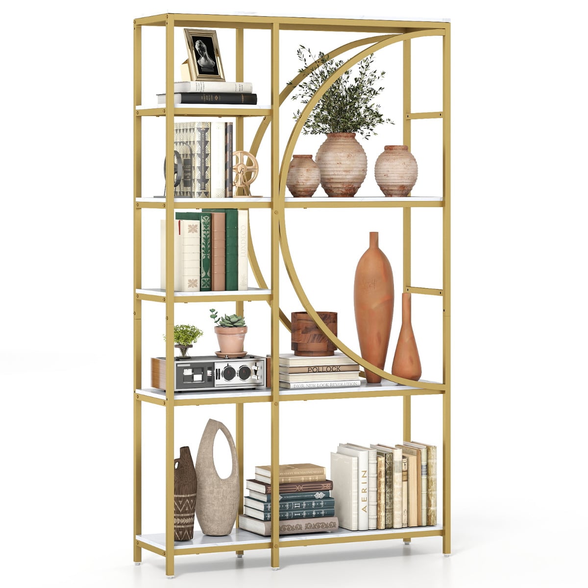 6-Tier Industrial Etagere Bookshelf with Open Storage Shelves and Arc-Shaped Design-White