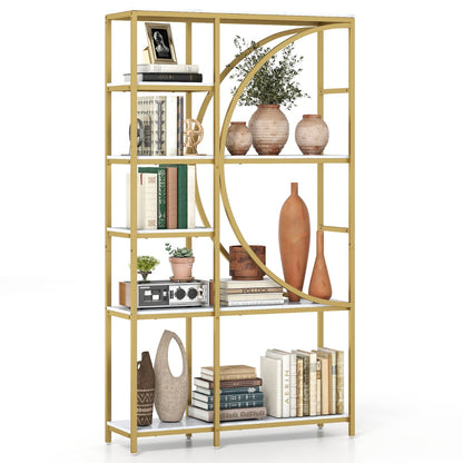 6-Tier Industrial Etagere Bookshelf with Open Storage Shelves and Arc-Shaped Design-White