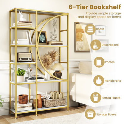 6-Tier Industrial Etagere Bookshelf with Open Storage Shelves and Arc-Shaped Design-White