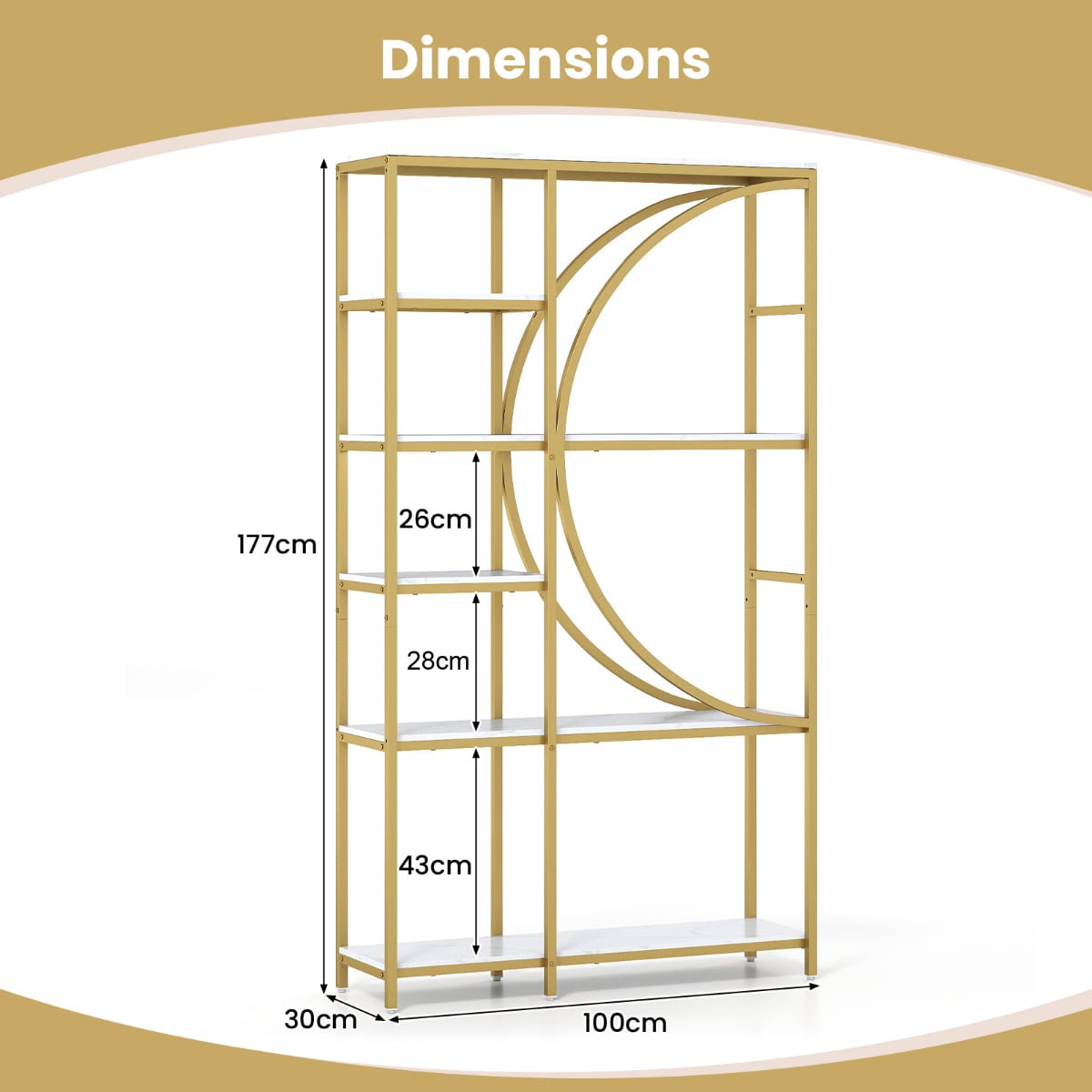 6-Tier Industrial Etagere Bookshelf with Open Storage Shelves and Arc-Shaped Design-White