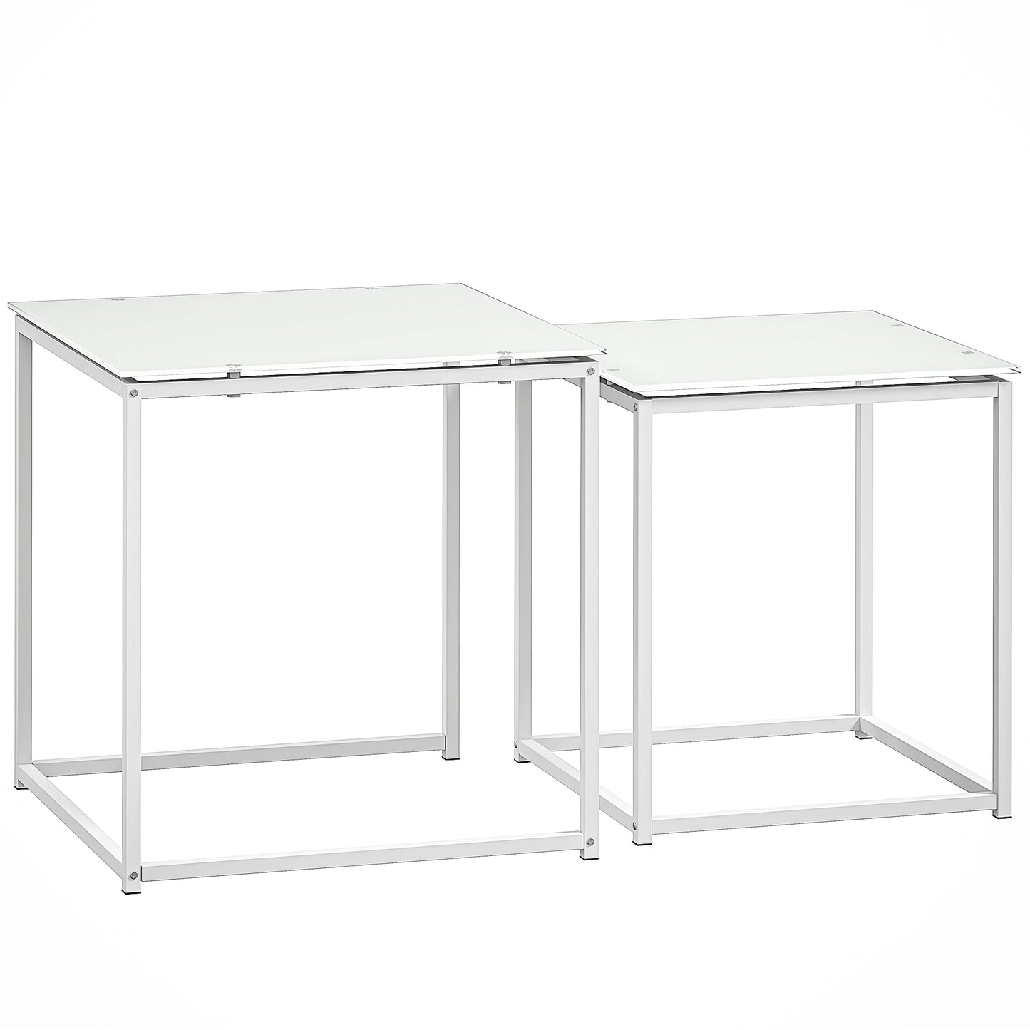 HOMCOM Nest of Tables, Set of 2 Coffee Table, Side Tables with Tempered Glass Desktop and Metal Frame for Living Room, Bedroom, Office, White