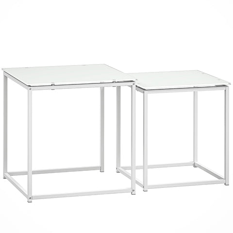 HOMCOM Nest of Tables, Set of 2 Coffee Table, Side Tables with Tempered Glass Desktop and Metal Frame for Living Room, Bedroom, Office, White