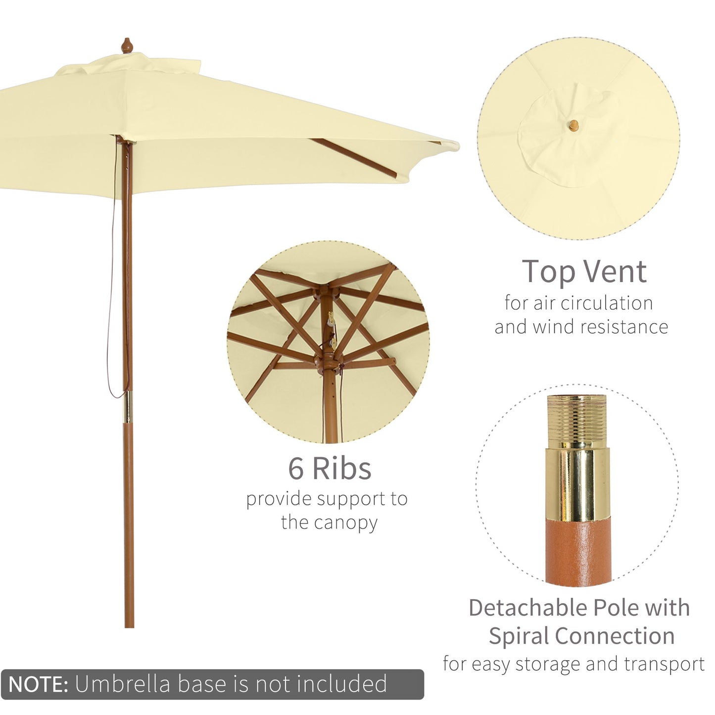 Outsunny 2.5m Wood Garden Parasol Sun Shade Patio Outdoor Wooden Umbrella Canopy, Table Market Umbrella with Vent, 38mm Pole, Rope Pulley Mechanism, Cream White