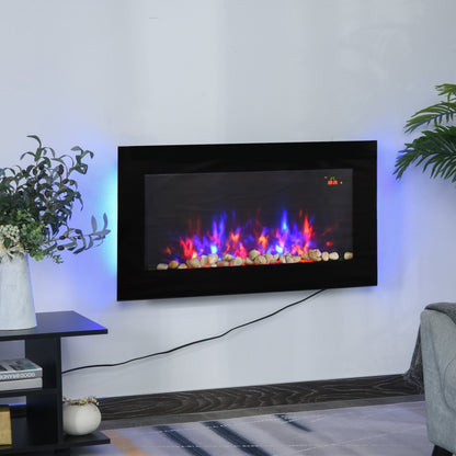 Wall Mounted Tempered Large LED Curved Glass Electric Fireplace Heater Black 2000W