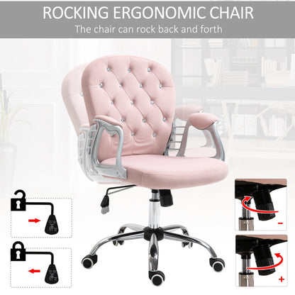 Vinsetto Office Chair Ergonomic 360° Swivel Diamond Tufted Home Work Velour Padded Base 5 Castor Wheels Pink